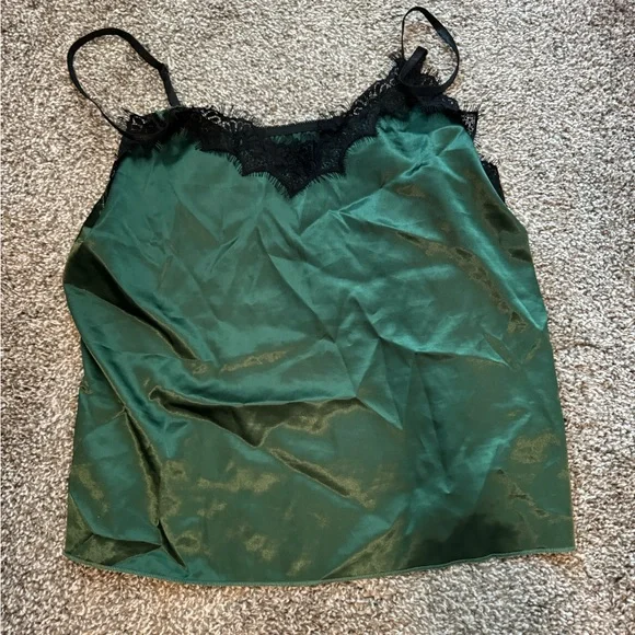 Satin Lace Trim Cami Set - Green - Picture 2 of 3